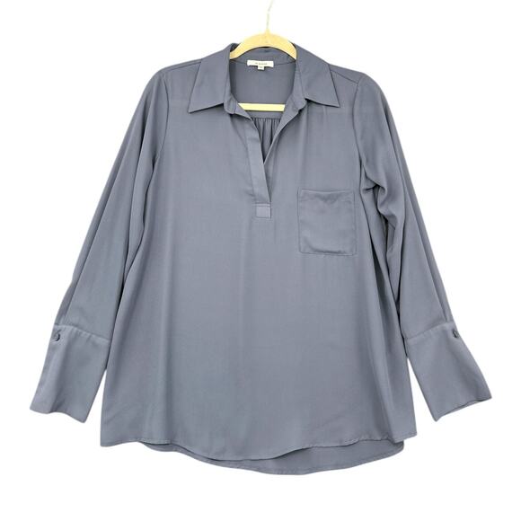 PLEIONE Gray V Neck Collared Front Pocket Buttoned Cuffs Long‎ Sleeve Blouse XS - Picture 1 of 7